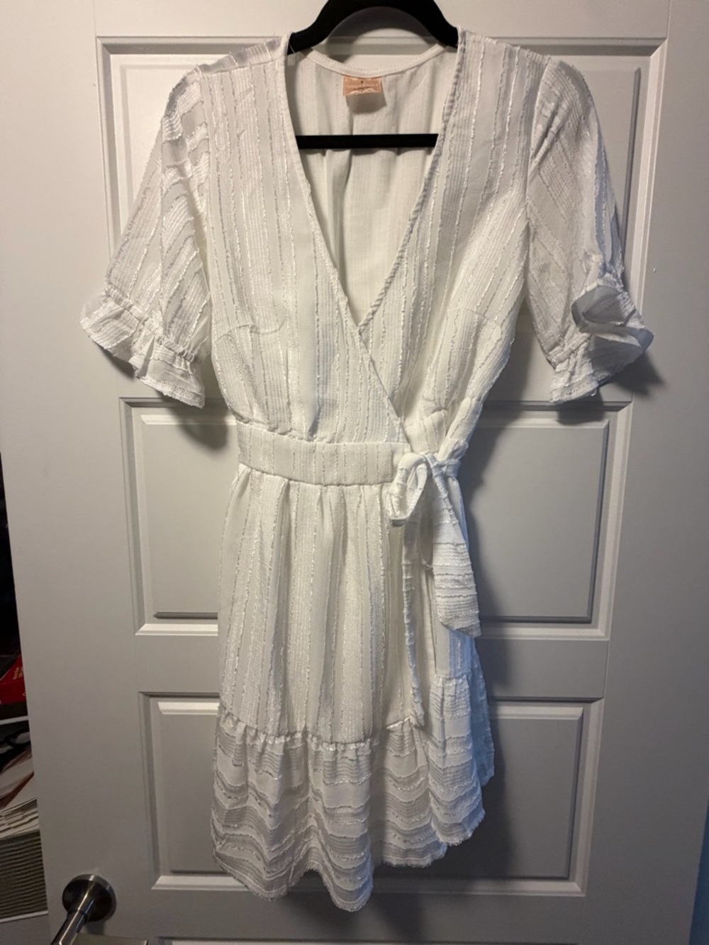 Textured White Wrap Mini Dress with Tie Waist